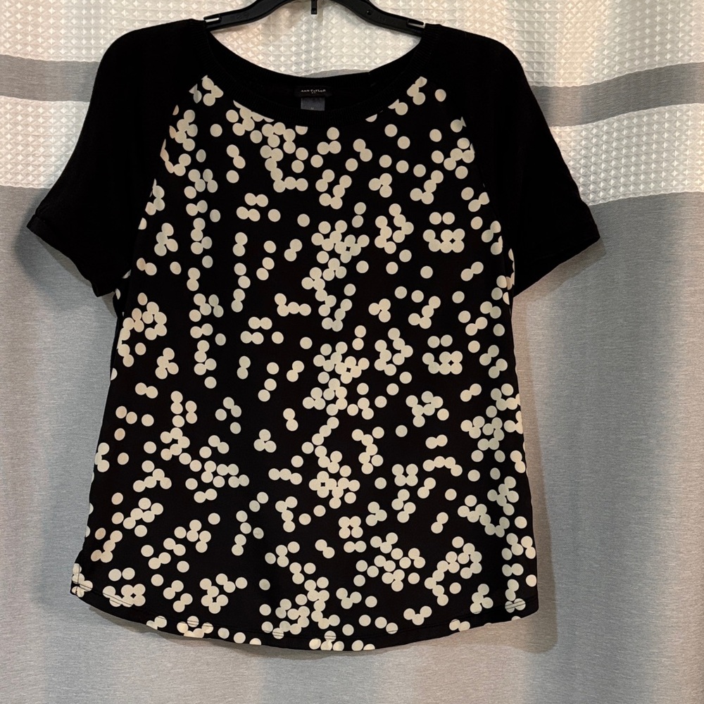 Ann Taylor Black and Cream Polka Dot Short Sleeve Blouse